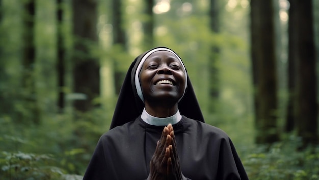 Donna nera dalla pelle scura e ritratto religioso di suora cattolica che prega in chiesa e guarda