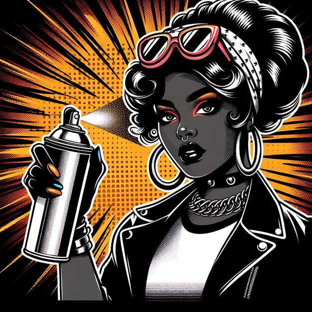 Donna nera in arte pop con un spray di vernice
