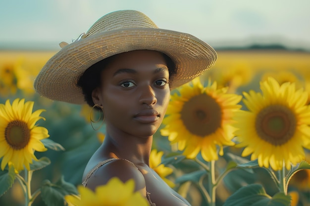 Donna nera in un campo di girasoli