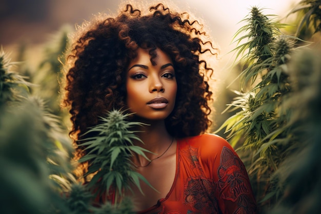 donna nera in una piantagione di campo agricolo con cespugli di marijuana