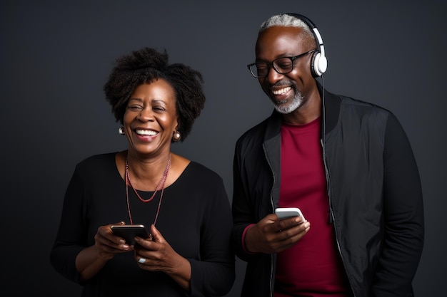 donna nera matura attraente e uomo nero con il telefono sullo sfondo a colori dello studio