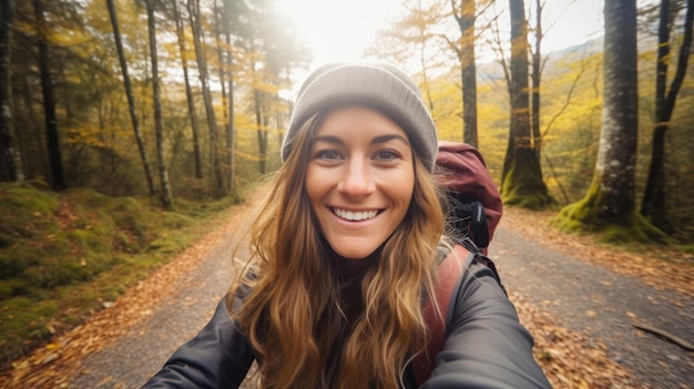 Donna nomade digitale Foto vlogger Viaggi blogger trekking e riprese nella foresta di destinazione prendendo selfie