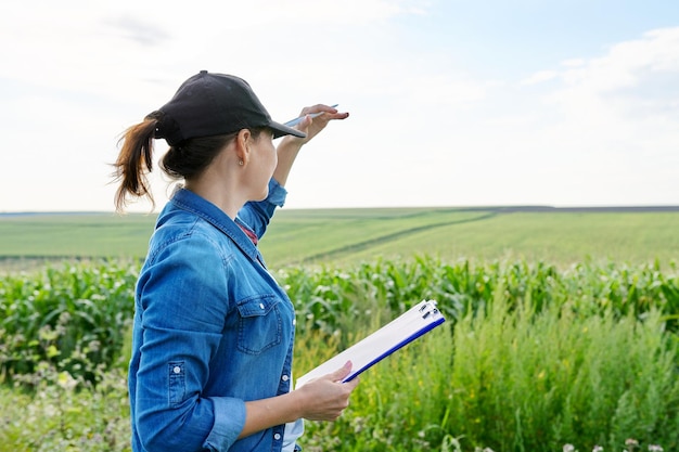 Donna operaia agricola con cartella di lavoro nel campo di mais verde