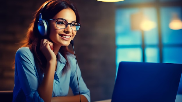 Donna operatrice di call center sorridente con le cuffie e un microfono sullo sfondo a colori