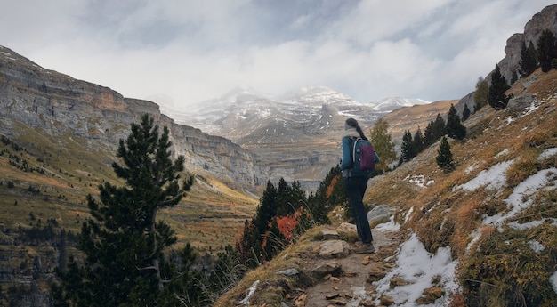 Donna osservando le montagne innevate dal percorso di un sentiero escursionistico