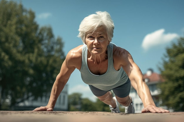 Donna pensionata dai capelli grigi che fa flessioni e fa esercizi fisici all'aperto nel parco Stile di vita sano in età adulta