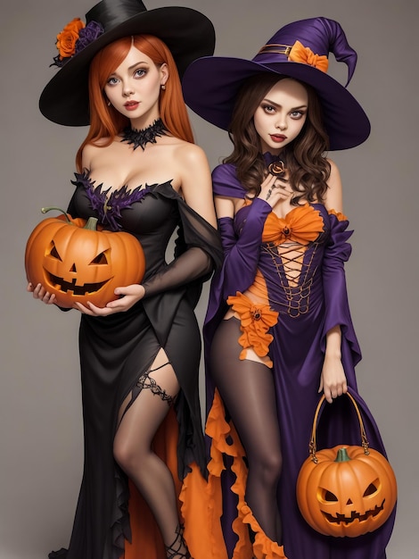 Donna pericolosa che indossa un costume nero e trucco di Halloween che tiene la zucca intagliata isolata sopra l'urlo