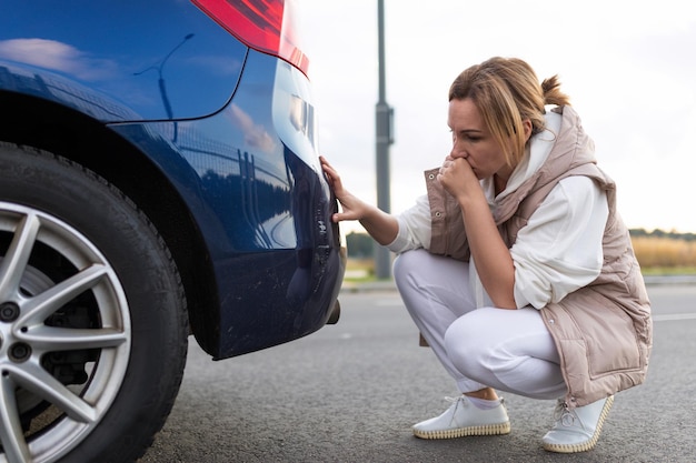 Donna perplessa e infastidita che guarda graffi sul paraurti dell'auto dopo un piccolo incidente