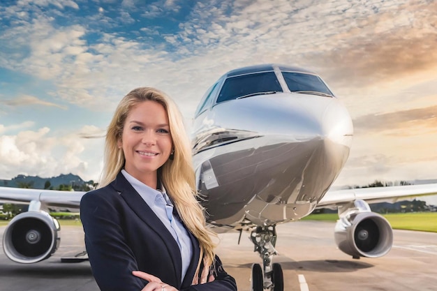 donna pilota aereo jet privato parcheggiato all'esterno persona d'affari in attesa