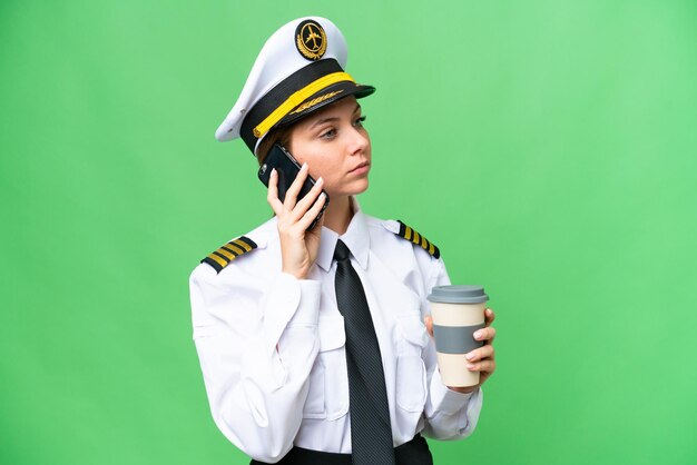 Donna pilota dell'aeroplano su sfondo chroma key isolato che tiene il caffè da portare via e un cellulare