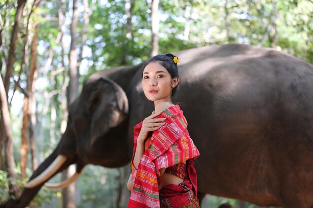 Donna premurosa che sta con l'elefante nella priorità bassa della foresta