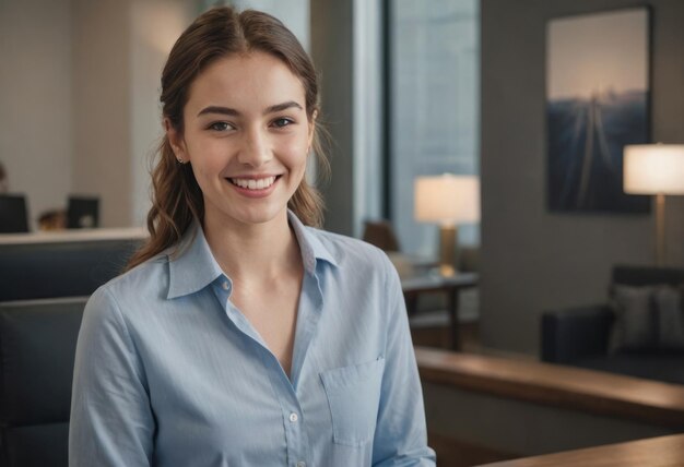 Donna professionale che sorride al suo posto di lavoro vestita con una camicia blu in un ufficio