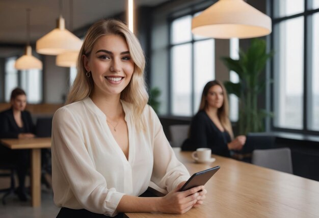 Donna professionale con uno smartphone in una sala riunioni aziendale attenta e pronta per gli affari