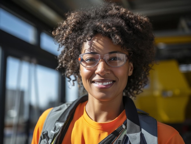 Donna professionale dell'operaio di fabbrica che sta nel concetto di empowerment della fabbrica