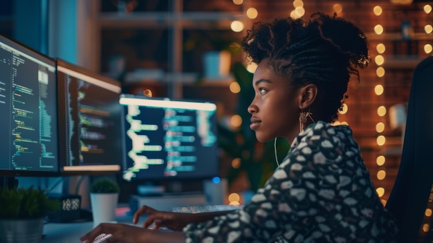 Donna professionista che codifica di notte