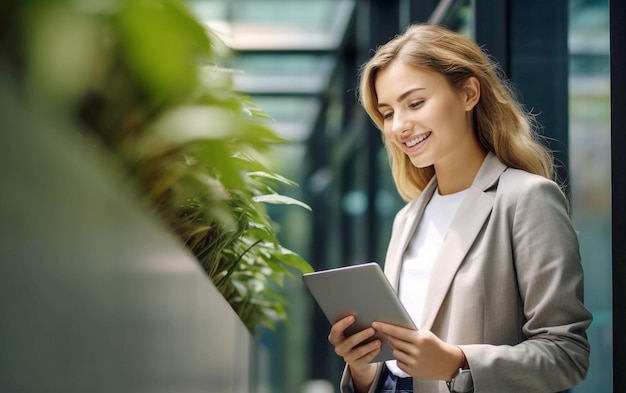 Donna professionista che usa il tablet in un ambiente urbano