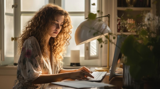 donna professionista di marketing digitale con i capelli ricci alla sua scrivania con il computer vicino a una grande finestra