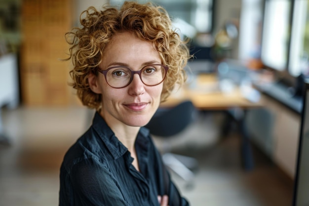 Donna professionista sicura con i capelli ricci e gli occhiali in un ufficio moderno