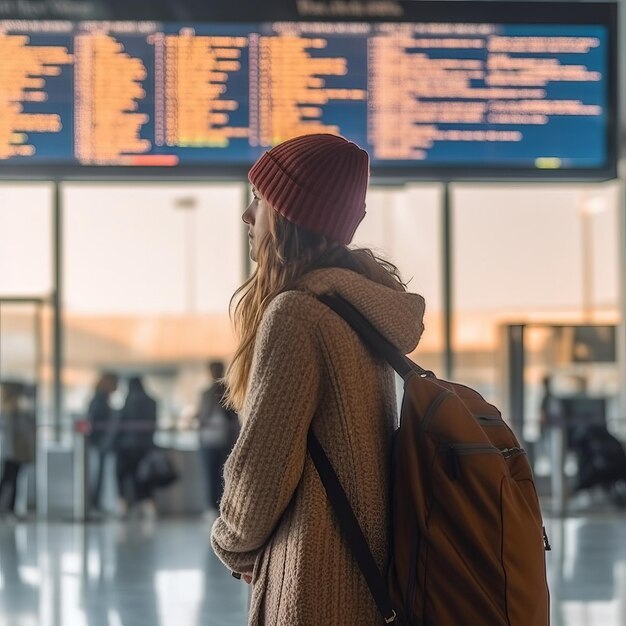 Donna pronta a viaggiare all'aeroporto con una faccia felice