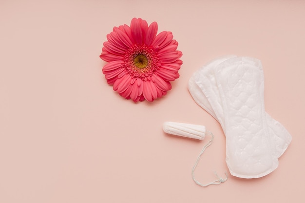 Donna protezione igienica mestruazioni assorbenti e tamponi con fiore su sfondo rosa