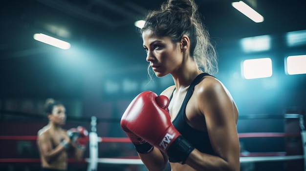 donna pugile in guanti da boxe in palestra con borsa