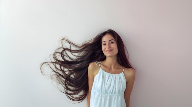 Donna radiante con i capelli che scorrono in un elegante vestito bianco su uno sfondo beige