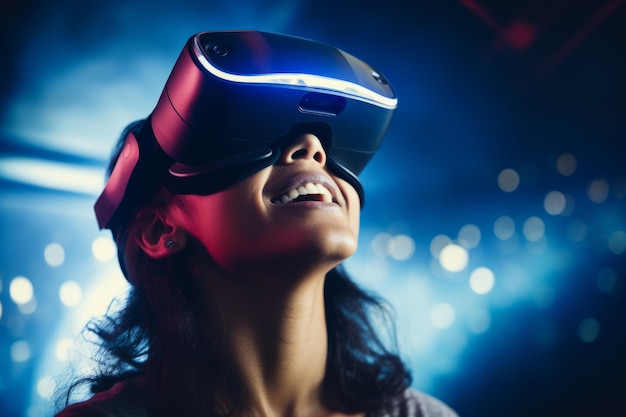 Donna ragazza gamer signora donna tecnologia informatica VR cuffie d occhiali di realtà virtuale esplorazione