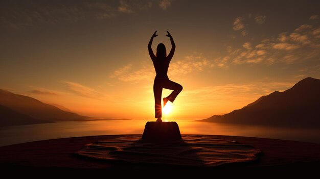Donna retroilluminata in posa yoga durante l'alba calma Weber di immagini AI generative Zen