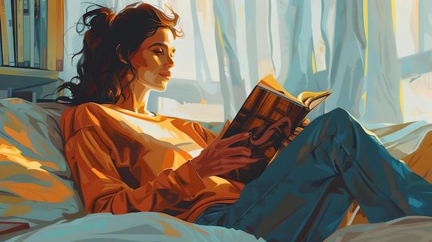 Donna rilassata che legge un libro in una stanza illuminata dal sole vibrazioni mattutine accoglienti stile d'arte semplicistico cattura un momento di pace illustrazione con colori caldi AI