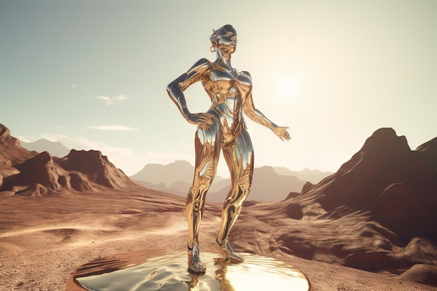 Donna robot crome che posa con le braccia spalancate L'intelligenza artificiale cresce e luccica La bellezza meccanica generata dall'IA