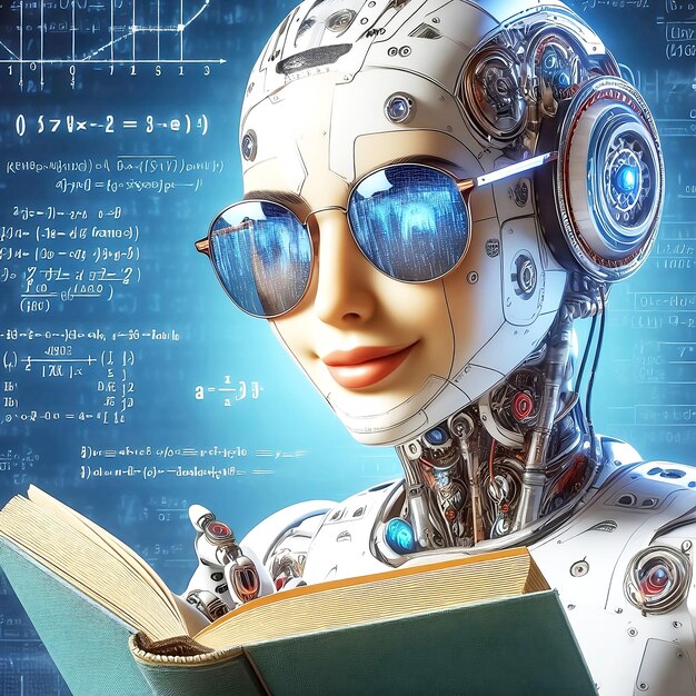 donna robot sorriso con occhiali da sole leggere libro e risolvere matematica analisi dei dati in concetto