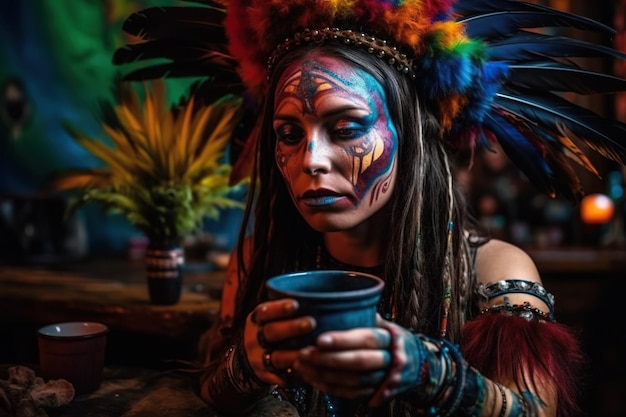 Donna sciamana indiana adornata con piume colorate che sembra essere profondamente ispirata e impegnata in una cerimonia dell'ayahuasca IA generativa