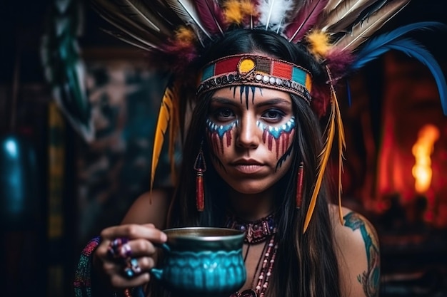 Donna sciamana indiana adornata con piume colorate che sembra essere profondamente ispirata e impegnata in una cerimonia dell'ayahuasca IA generativa