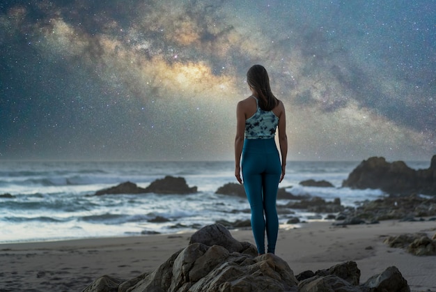 Donna sconosciuta in piedi sulla spiaggia con lo sfondo della Via Lattea