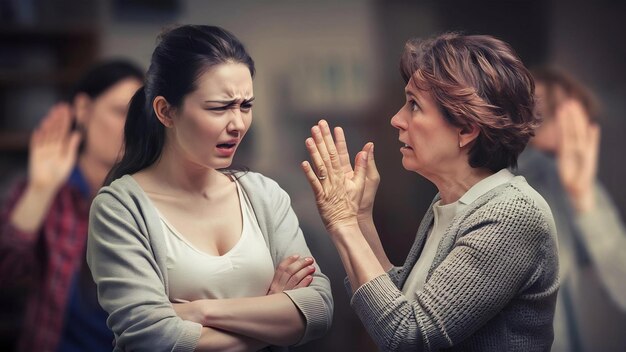 Donna scontenta che discute con la mamma.