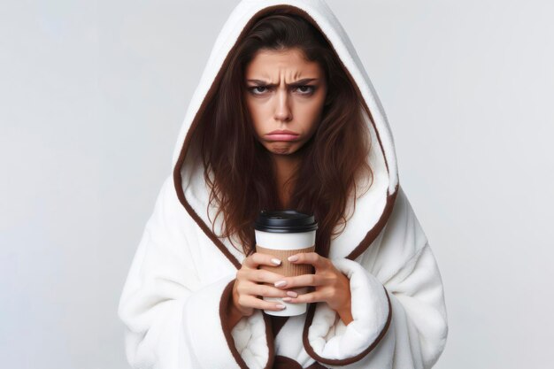 donna scontrosa in accappatoio che tiene una tazza di caffè su uno sfondo bianco