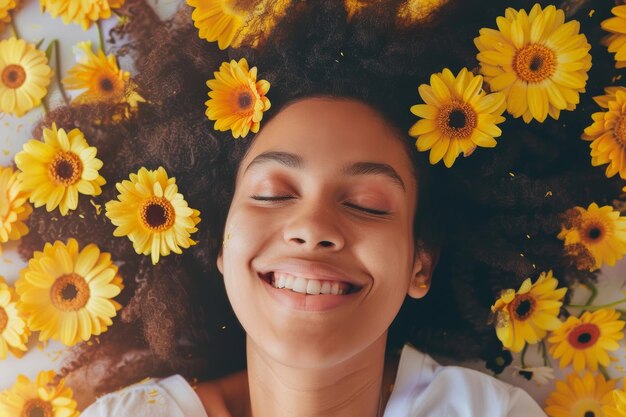 Donna sdraiata in un campo di girasoli AI generativa