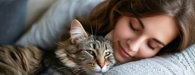 Donna sdraiata sul letto con il gatto