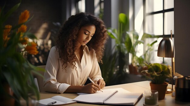 donna seduta a una scrivania che scrive in un quaderno e guarda una pianta IA generativa