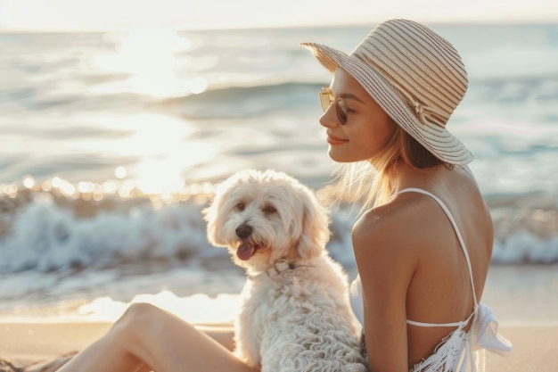 Donna seduta con il cane sulla duna di sabbia sulla spiaggia AI generativa