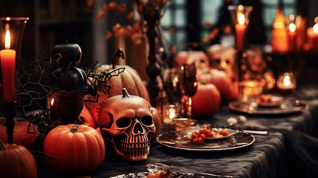 Donna seduta davanti al tavolo con le candele in una stanza accogliente Halloween interno