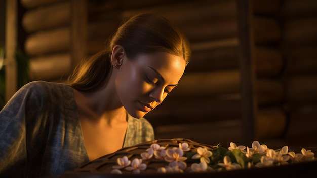 Donna seduta di fronte a una torta a fiori