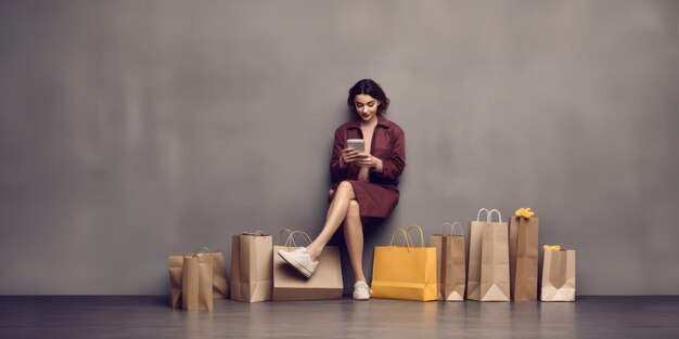 donna seduta e con le borse della spesa in uno smartphone sta facendo shopping online