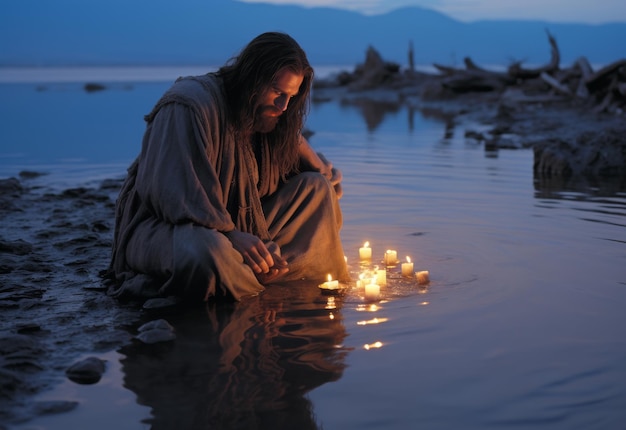 Donna seduta in acqua accanto alle candele.