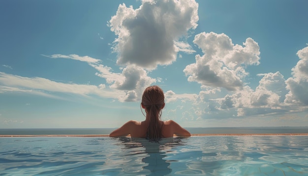 Donna seduta in mezzo alla piscina