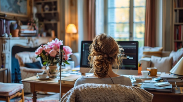 donna seduta in un ufficio a casa che parla in un microfono podcast alto 6 pollici in piedi sulla scrivania l'ufficio a casa è decorato in un accogliente stile pastello capriccioso