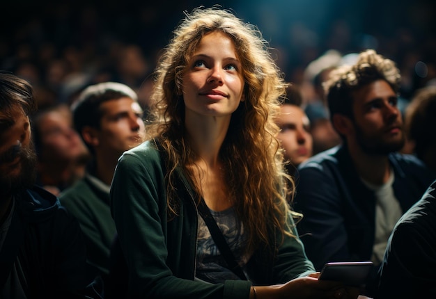 Donna seduta in una folla di persone