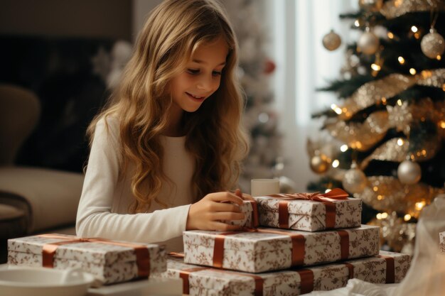 Donna seduta sotto un albero di Natale che apre regali generati dall'AI