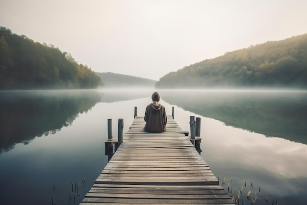 Donna seduta su un molo di legno su un lago nella mattina nebbiosa AI generativa