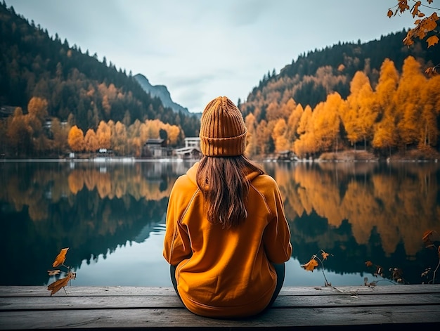 Donna seduta su un ponte di legno che si gode della bellezza della natura guardando la montagna, il lago, la foresta, la storia dei viaggi d'avventura.